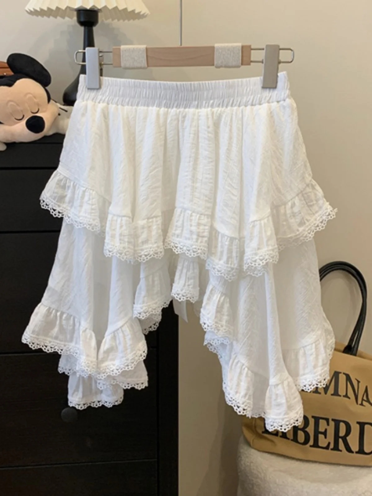 Irregular White Ballet Short Skirt Women's plus Size Lace Trimmed Petal  Korean Style High Waist A-Line Midi Skirt