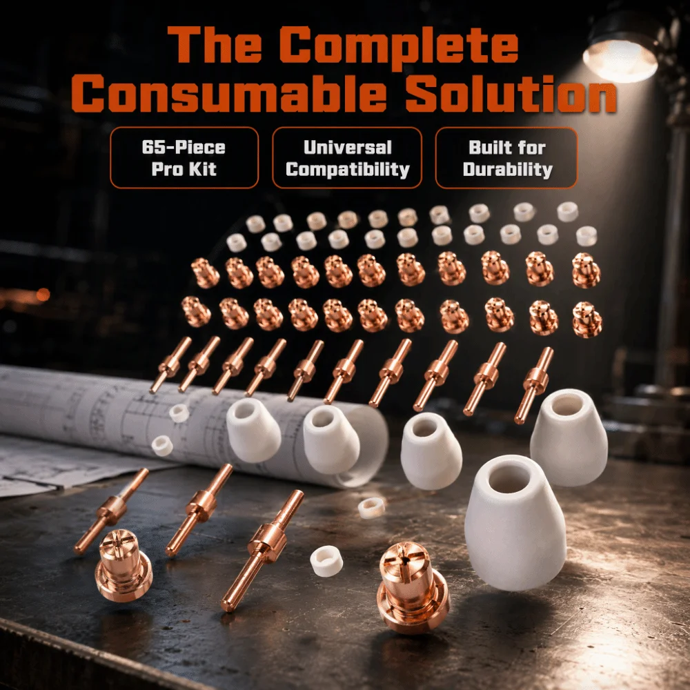 65pcs 40A Rating Plasma Torch Tips Shield Cup Included Nose Fittings Plasma Cutting Nozzle Extended Design