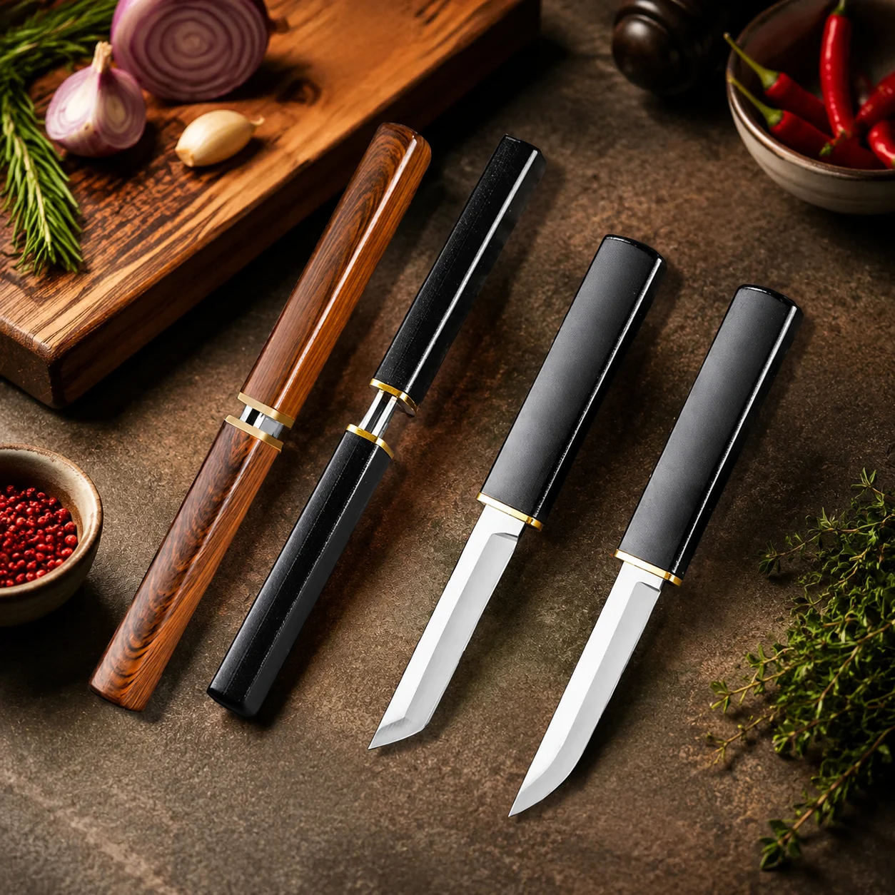 Two-piece Japanese double-edged kitchen knife, non-slip handle, sharp for slicing fruits and meats, kitchen cooking cutting tool