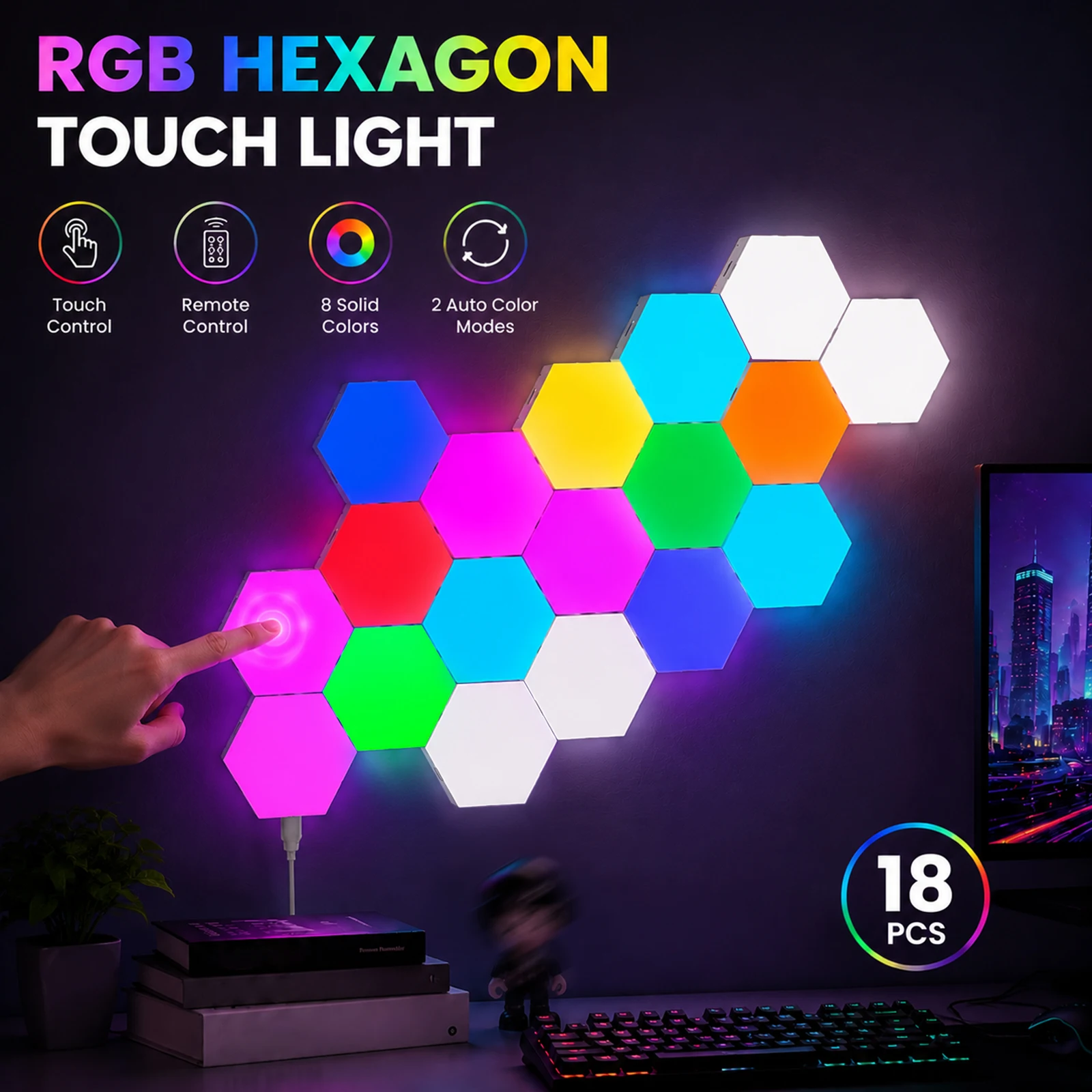 RGB Hexagon Touch Light Modular Honeycomb LED Wall Lamp DIY Splicing Atmosphere Lamp Gaming Room Bedroom Home Decor BirthdayGift