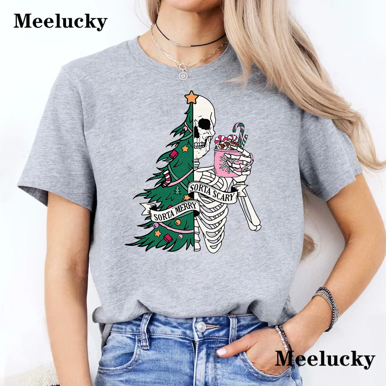 Christmas-Sorta-Merry-Sorta-Scary-Skeleton Fashion Skull Print Women T Shirt Summer Casual Short Sleeve O Neck Women T-shirt