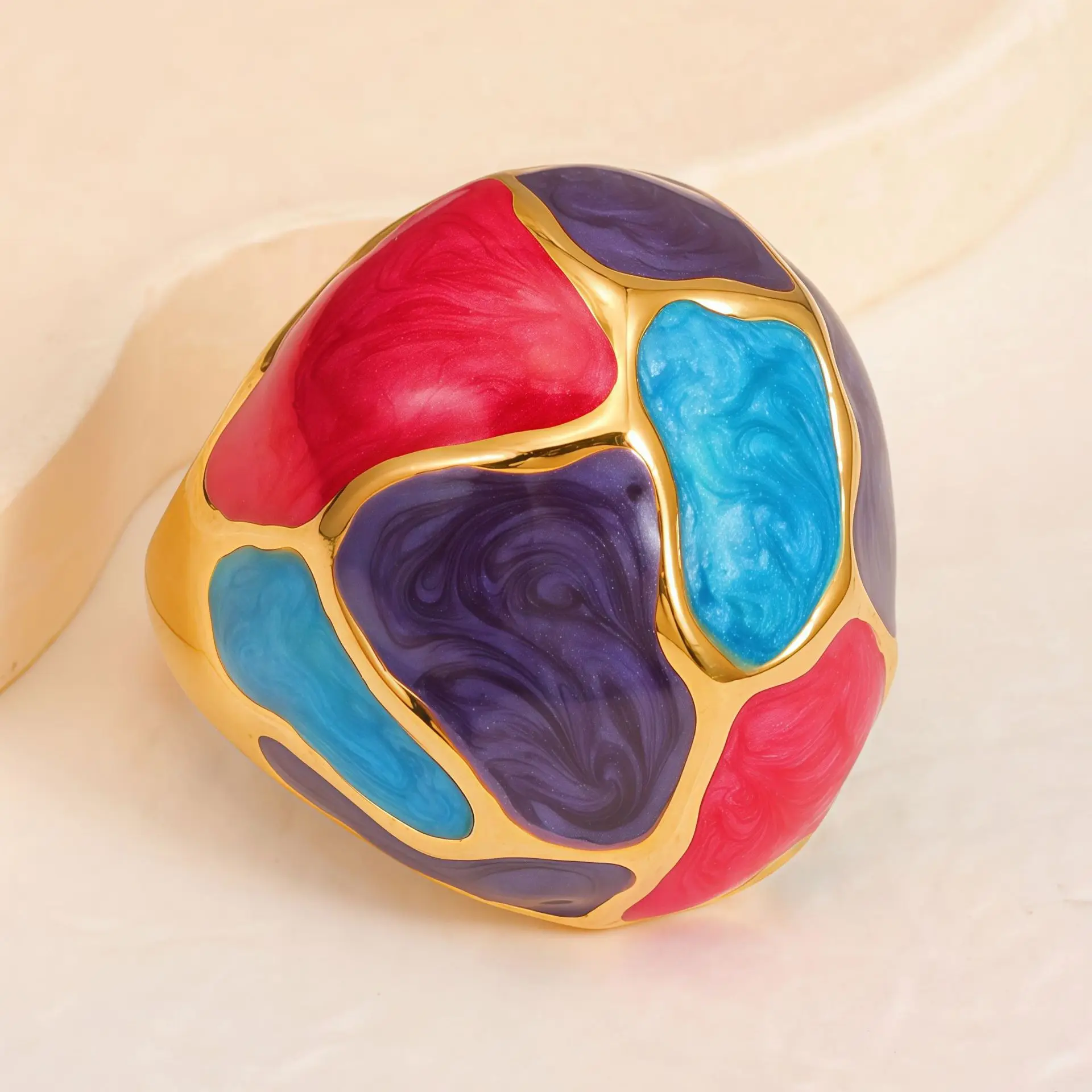 Mehrfarbiger Emaille-Vintage-Ring 18K Vergoldet 316L Edelstahl Auffälliger Einzigartiger Schmuck für Frauen – Detail 5
