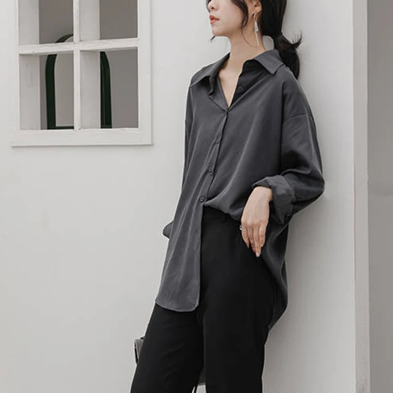 Gidyq Women Chiffon Shirts Fashion Streetwear Female Loose Long Sleeve Shirts Y2K Korean Casual All Match Gray Blouse