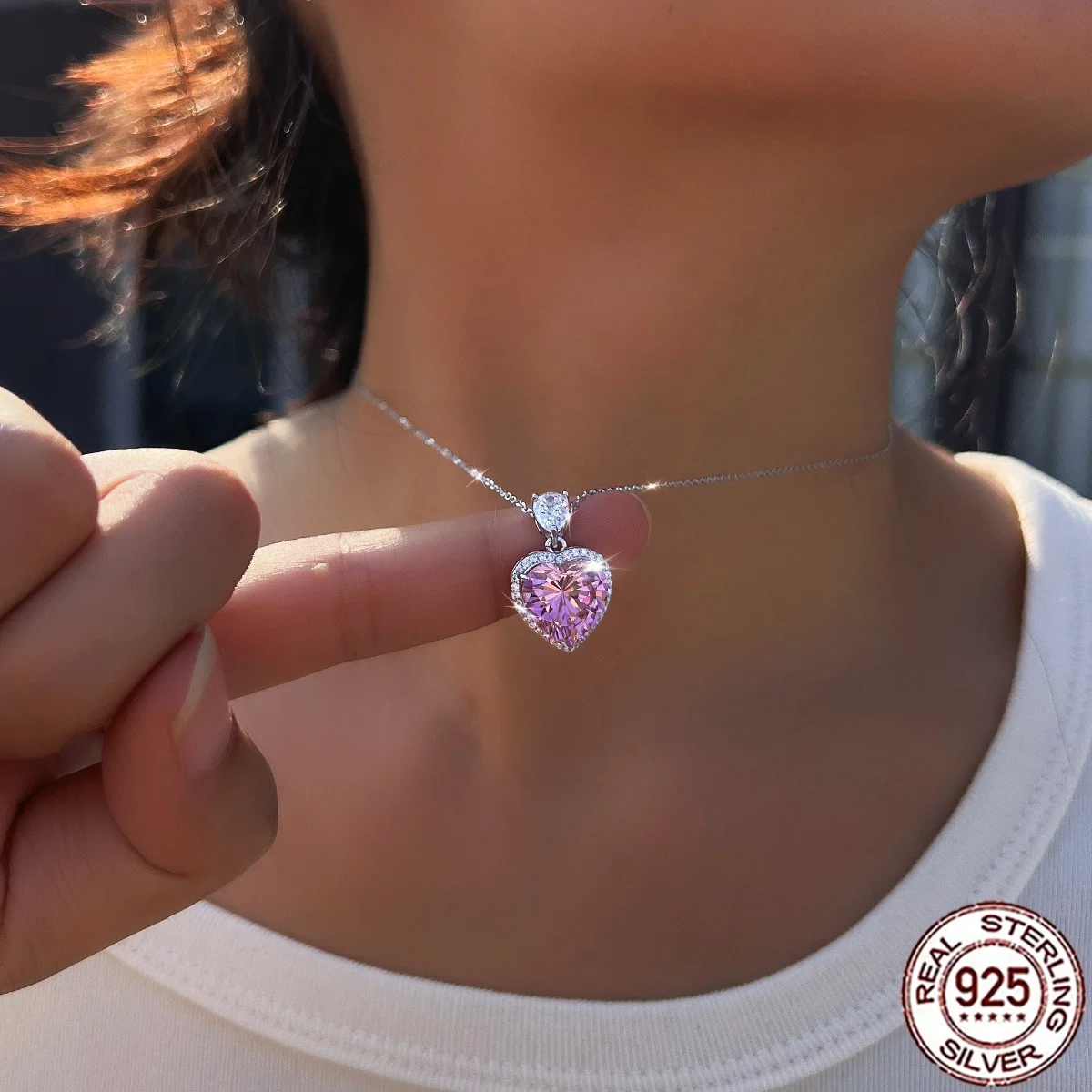 QooLady 925 Sterling Silber Herzförmige Rosa CZ Anhänger Halskette Glänzende Kette Jubiläums-Geburtstagsgeschenk für Sie SD081 – Detail 8