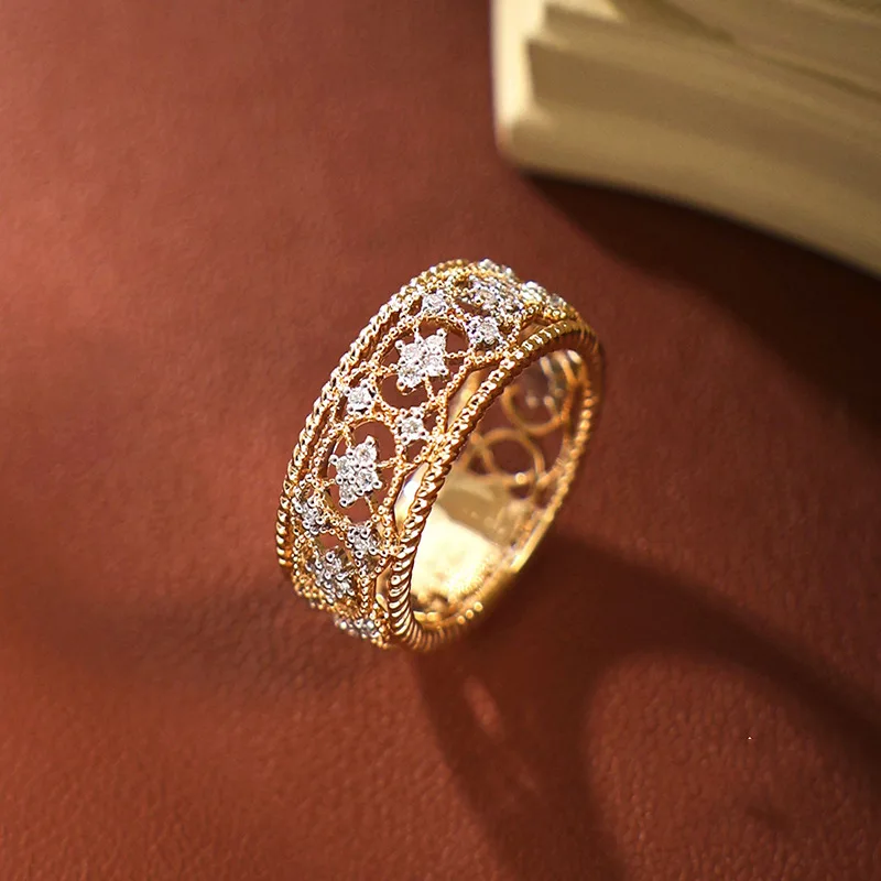 Weave engraved gold retro hollow pattern handmade brushed ball edge lace silver ring