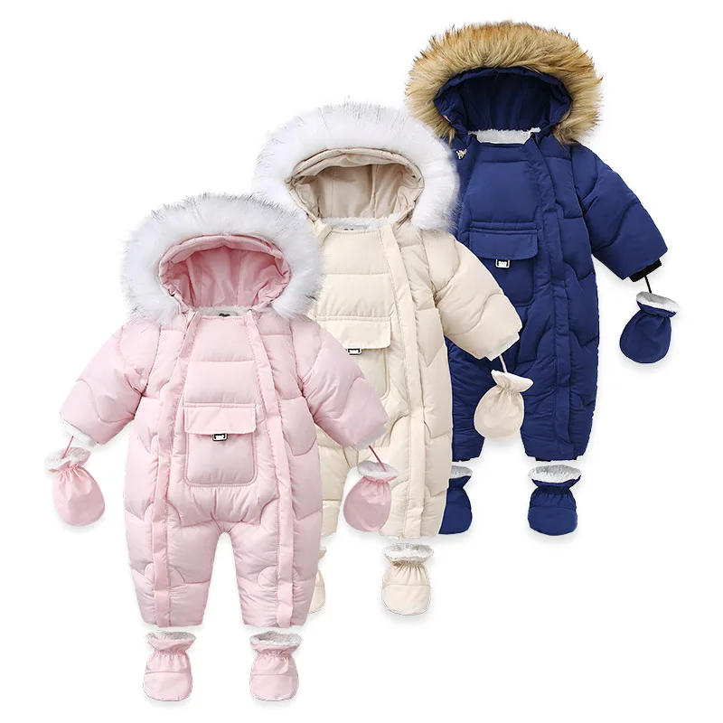 AYNIGIELL 2024 Winter Newborn Thickening Jumpsuit Built-in Wool Hooded Down Romper Baby Boys and Girls Warm Snowproof Overalls