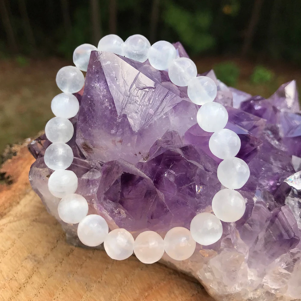 Ruberthen Natural 8 MM Tanzania AAA Selenite Bracelet White Light Clarity Selenite Beaded Wrist Mala Spirituality Chakra Healing