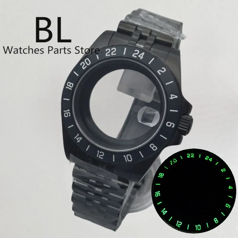 BLIGER Full Black Wathc Case With Bracelet 24-Hour Bezel Green Luminous Fit NH34 NH35 NH36 ETA Miyota PT5000 Sapphire Crystal