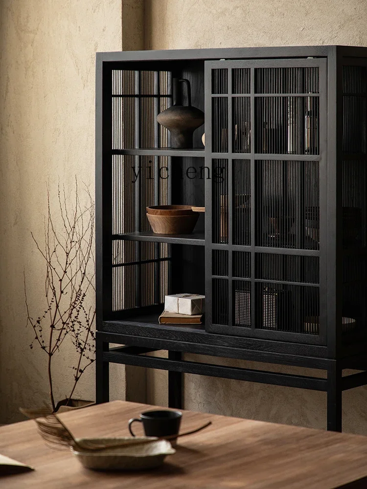 D27 Retro Solid Wood Dining Side Cabinet Bamboo Strip Hollow Sliding Door Living Room Storage High Cabinet Display Cabinet