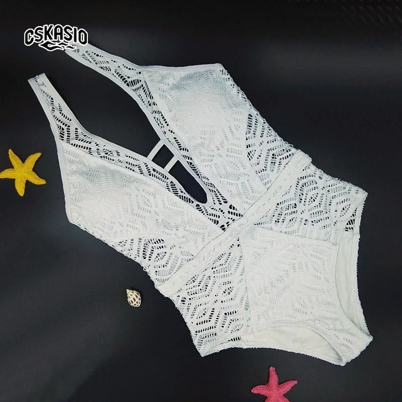 Plus Size V-Neck Crochet One Piece Swimsuit Mesh Swim suits Hollow Out Bikinis Women Solid Color Bikini Swimwear Bathing Suits