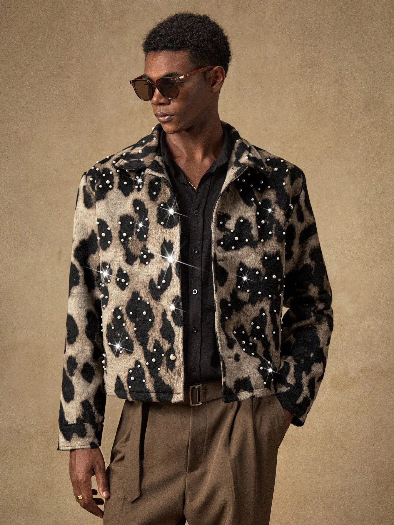 

Men's Leopard Print Faux Pearl Embellished Single-Breasted Shirt, Long Sleeve, Fall Casual Top
