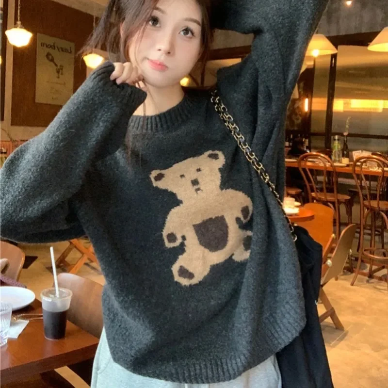 OCEANLOVE Cartoon Bear Women Sweaters Autumn Winter Korean Fashion Sweet Pullovers Cute Loose Vintage Sueters De Mujer