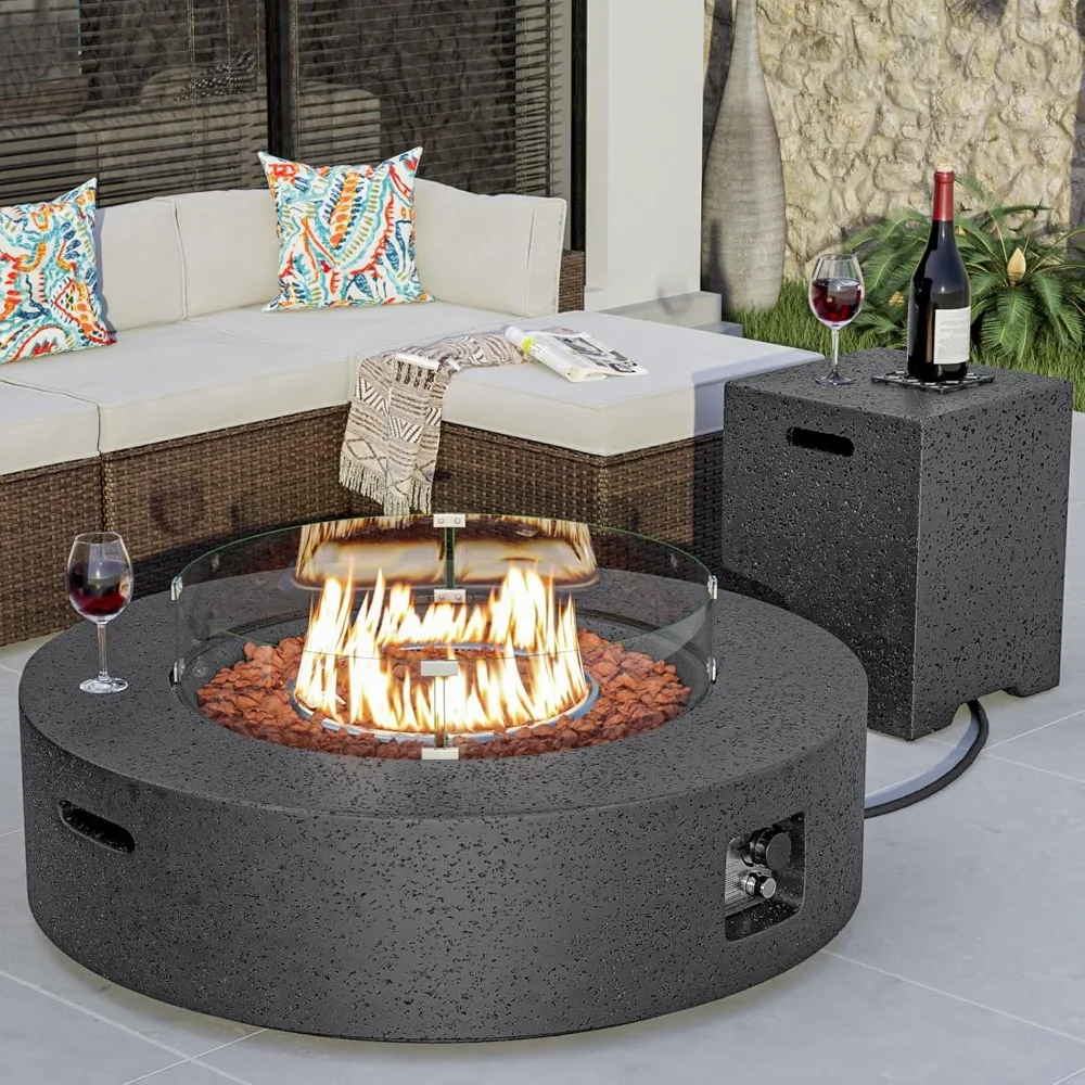 40.5-inch Outdoor Propane Fire Pit Coffee Table w Concrete Round Base Patio Heater, 50,000 BTU Stainless Steel Burner, Free Lava