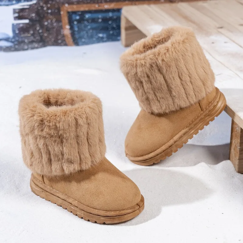 Kids Winter Snow Boots Furry Cuff Solid Color Girls Suede Ankle Boots Outdoor Soft Thermal Children Fashion Plush Boots Slip-on