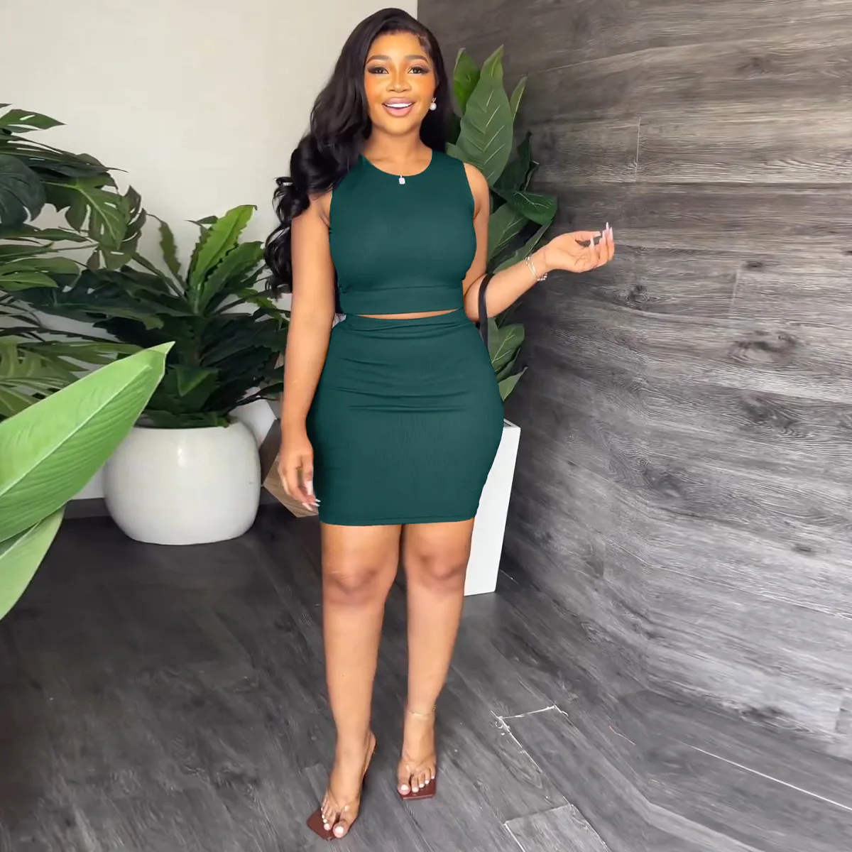SKMY Women Clothing Spring Summer Sleeveless Tank Top Wrapped Hip Mini Skirt Two Piece Sets Sexy Night Club Outfits Solid Color