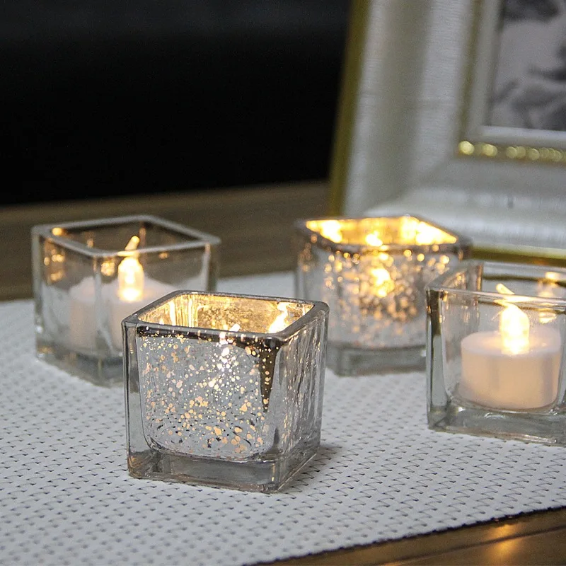 Candle Holders Electroplated Speckled 5cm Glass Candle Holder Romantic Small Square Candle Cup Silver