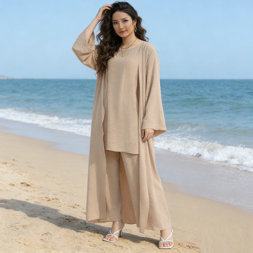 

3PCS Eid Muslim Sets for Women Modest Outfits Dubai Crepe Cardigan Tops Pants Kimono Dress Abaya Femme Ensembles Islam Clothing