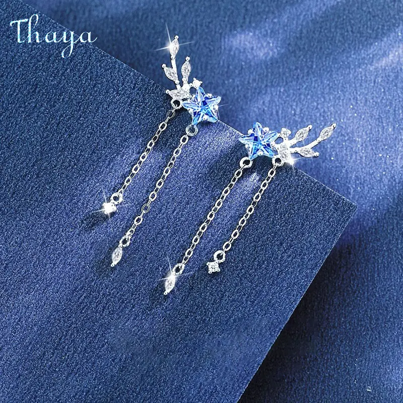 Thaya S925 Sterling Silver Women Earrings Blue Crystal Pendant Earring Dangle for Women Eleagnt Female Fine Jewelry Girl Gifts