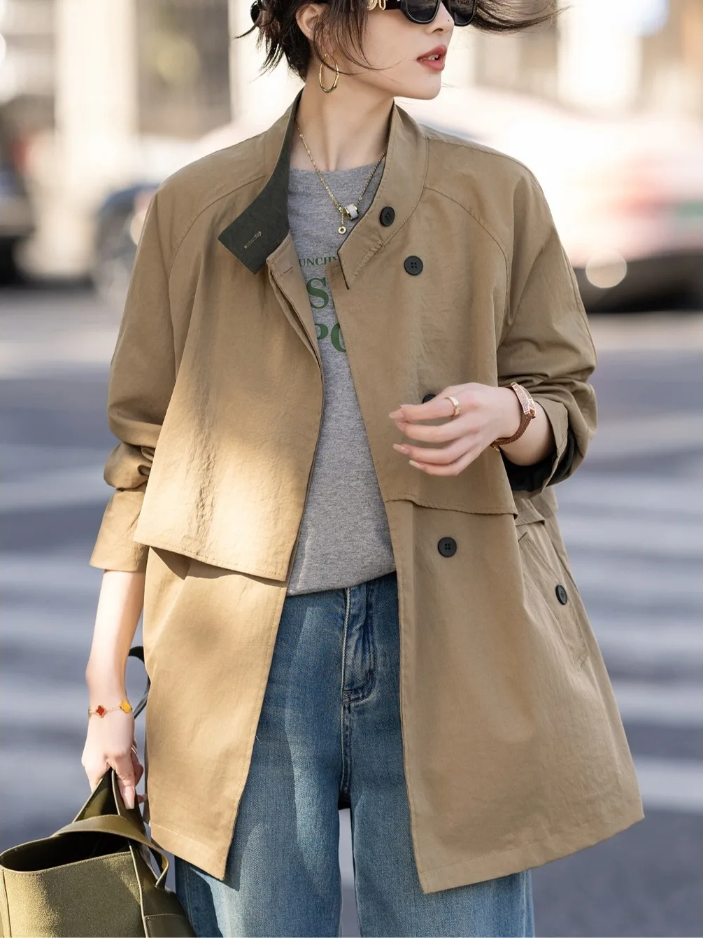 Khaki Color Loose Women's Casual Style Spring Autumn Windbreaker Long Sleeve High Collar Single Button Closure Daily Wear