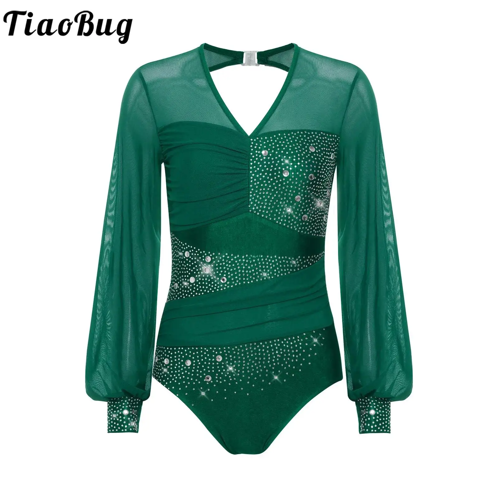 

Women Gym Ballet Yoga Bodysuits Costume for Figuring Skating Tango Latin Sheer Mesh Long Sleeve Ruched Dance Leotards Jumpsuit