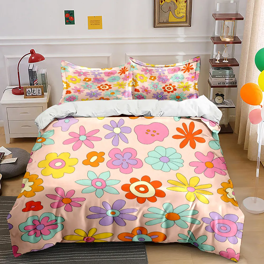 Colorful hand-drawn floral Pattern Duvet Cover Set Digital Print Colorful Polyester Bedding with Zipper Closur for kids gifts