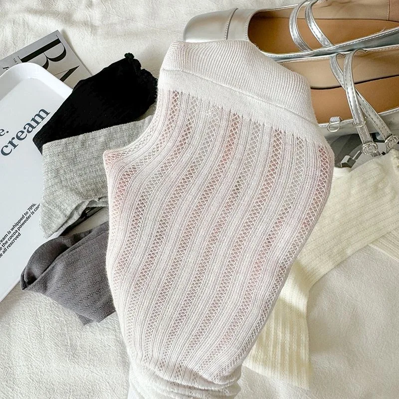 5 Pairs/Lot Women Hollow Mesh Tube Socks Ear Fungus Edge Socks Ins Trendy Spring Summer Loose Mouth Thin Style Girls Pile Socks image 5