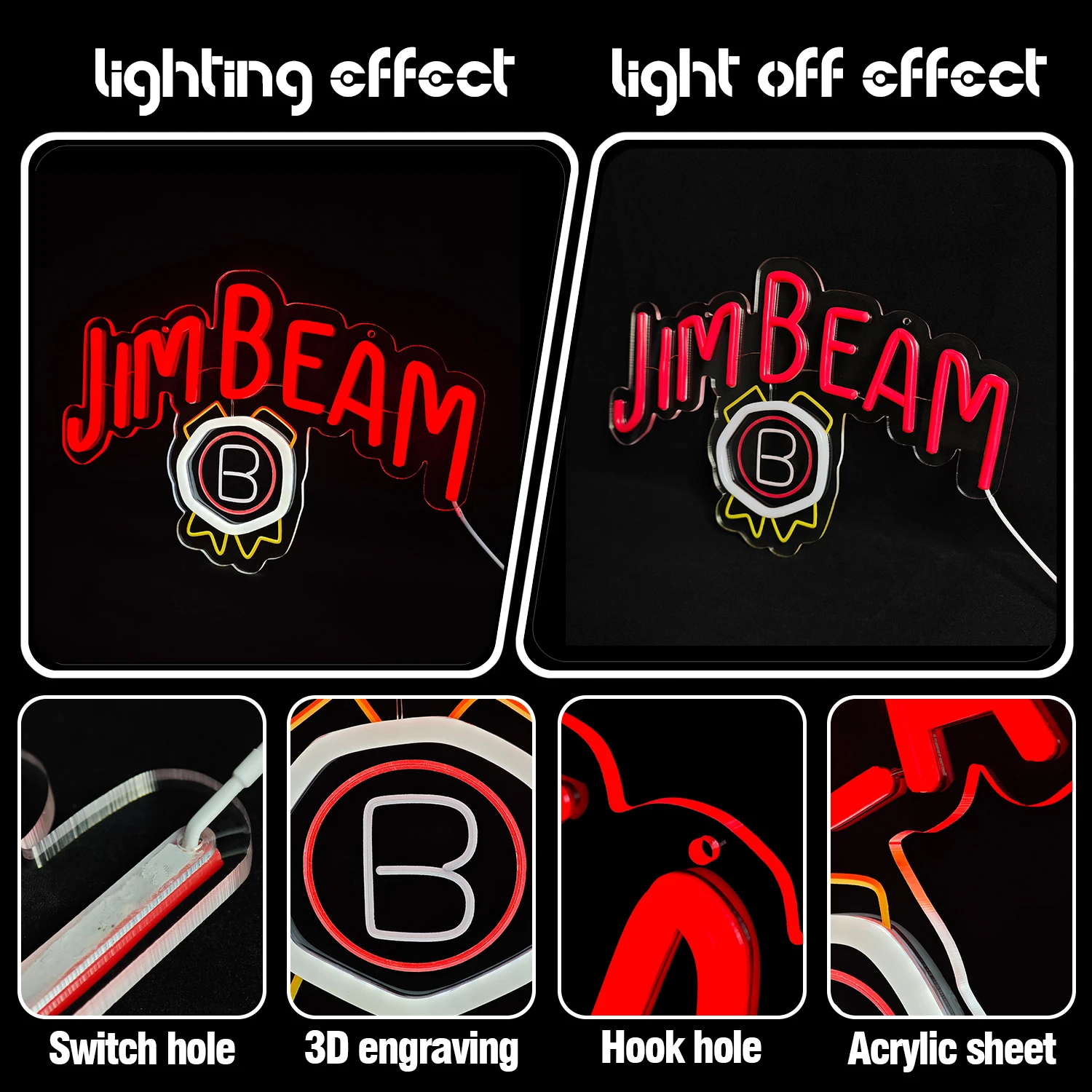 1 Piece of Bar Neon Light, Jim Beam Whiskey LED Neon Light for Wall Decoration, Made of Acrylic and Suitable for Man Cave