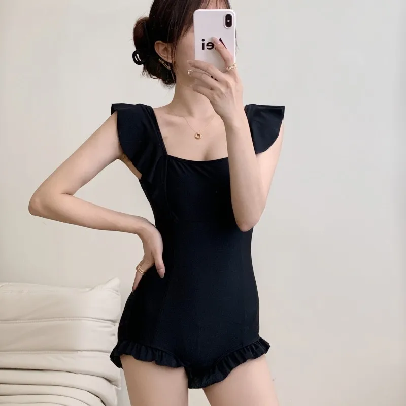 Minsu New Women's Swimsuit Solid Color One-Piece Slimming Tummy Cover Sexy Backless Pure Desire Beach Vacation Hot Spring Swimmi