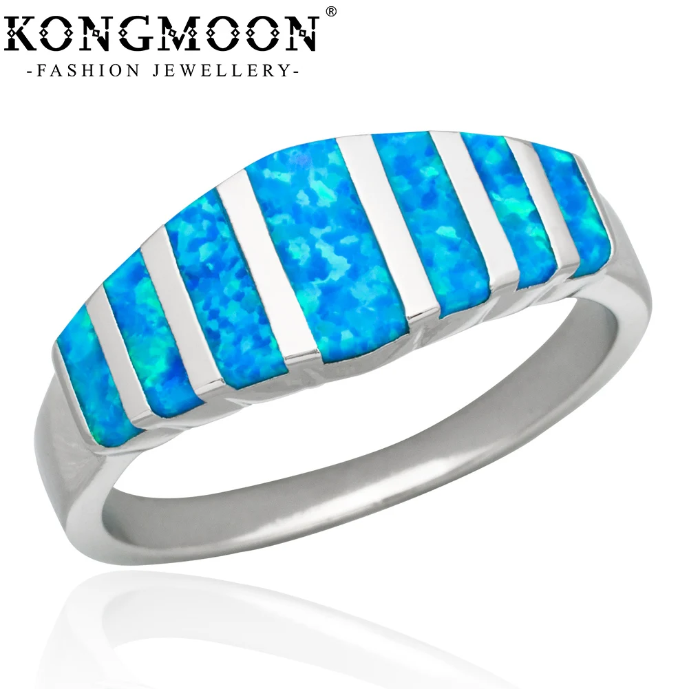 KONGMOON Ocean Blue Fire Opal Jewelry Women Band Ring Size 6 7 8 9 10