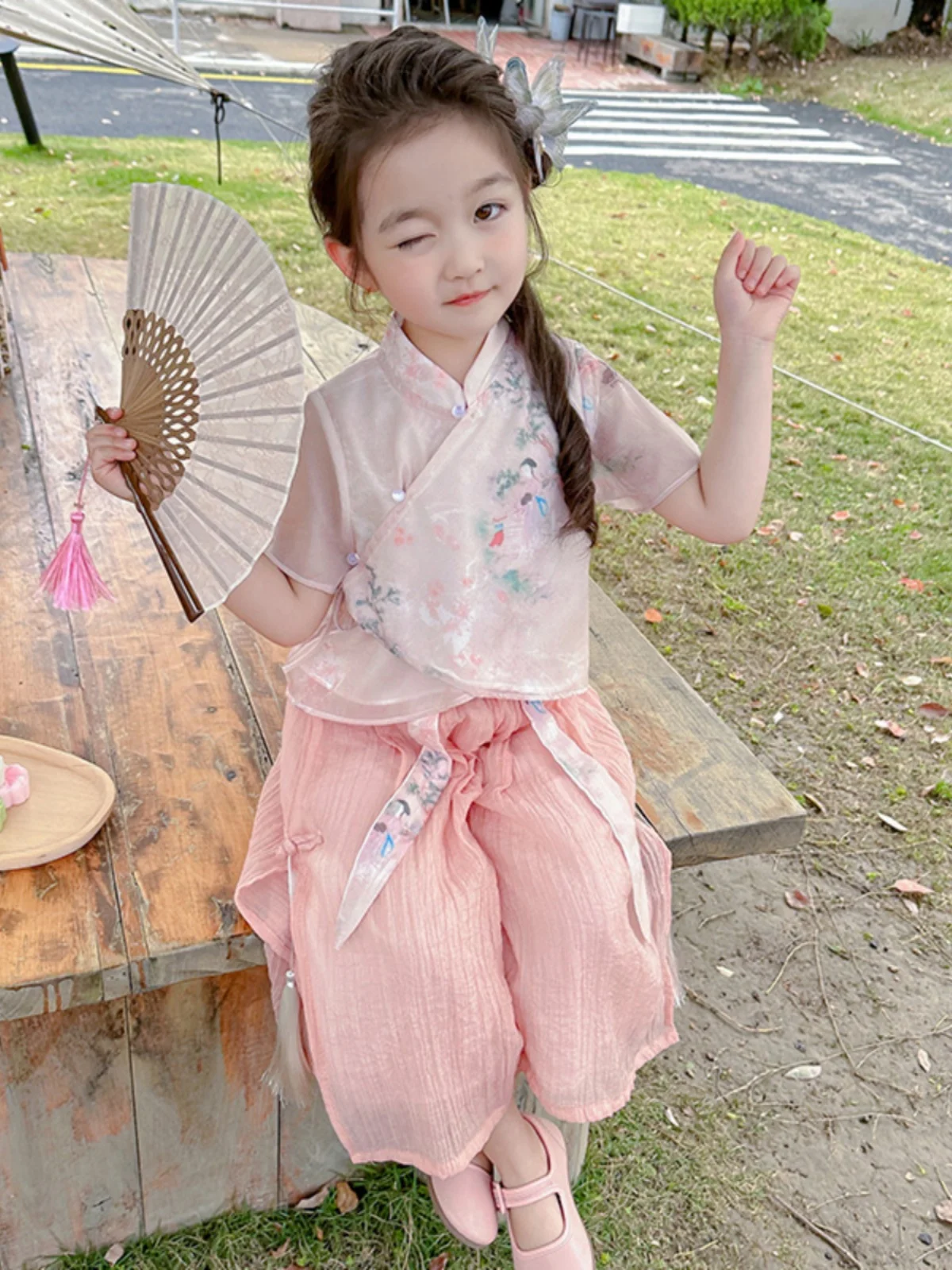 Faionable Hanfu-set voor kleine meisjes, zomer, nieuwe collectie, tweedelige trendy moderne Chinese sle-zijden top en rok, dameskleding