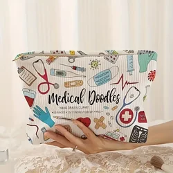 Medical Graffiti Printed Corduroy Makeup Bag, Lightweight Zipper Makeup Storage Box, Multi functional Bag with Lining