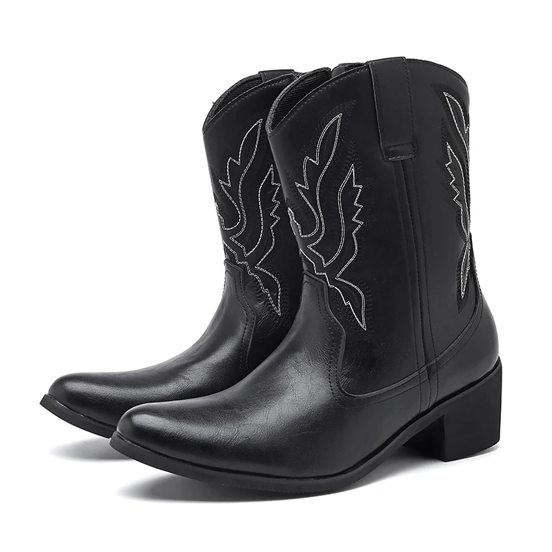 Autumn and Winter New Western Cowboy Boots Men Burnt Flower Embroidered Pointed Side Zipper Outdoor Knight Boots