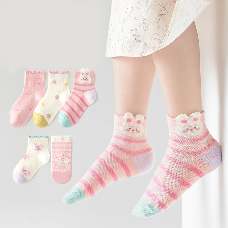 5 Paar Kindersocken Cartoon Hase Mädchen Socken Atmungsaktives Mesh Kindersocken Schulsocken für Kinder