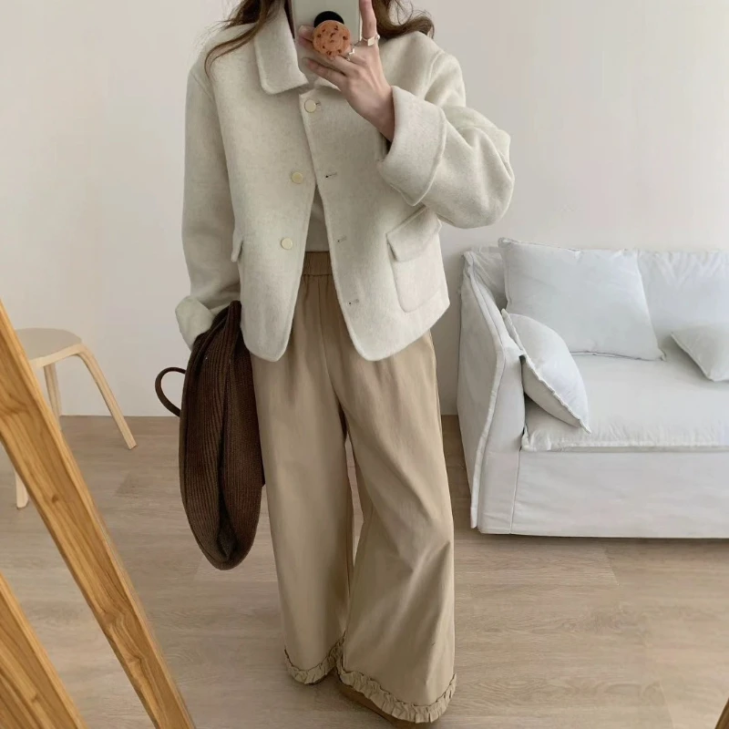 

Lapel, Single-breasted Large Pockets and Raglan Sleeves Short Solid Color Double-sided Wool Woolen Coat Women's Coat
