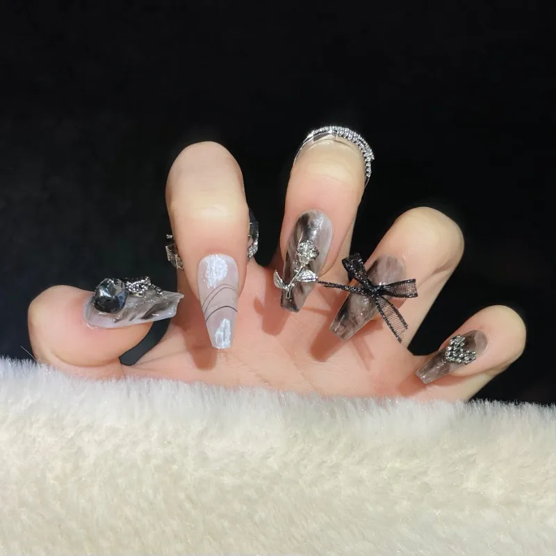 10pcs Luxurious Black Long French Ballet Nails 3D Rhinestone Halo Dyeing Full Cover Manicuree Wearable Y2K False Nails with Glue