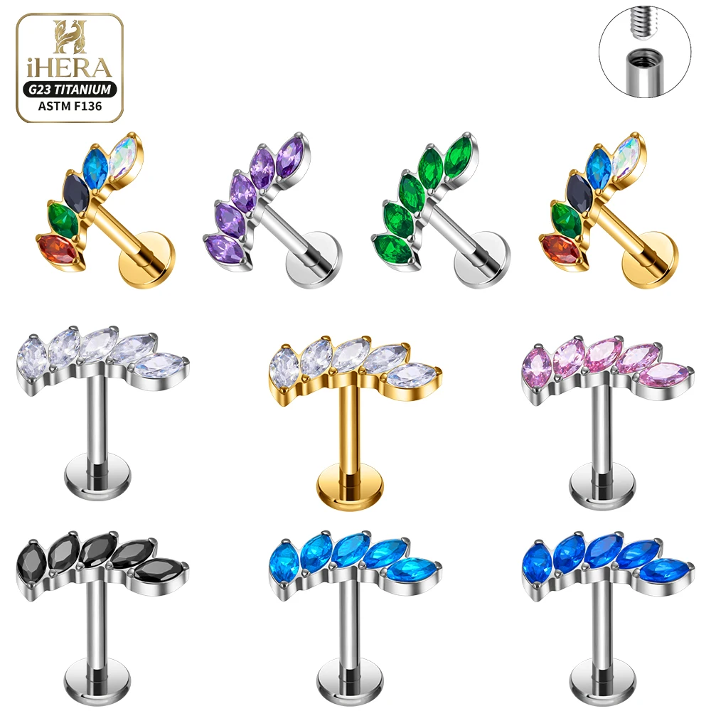ASTM F136 Titanium Piercing Colorful CZ Inlaid Internal Thread Flat Back Earrings Set Ear Labret Lip Ring Cartilage Jewelry