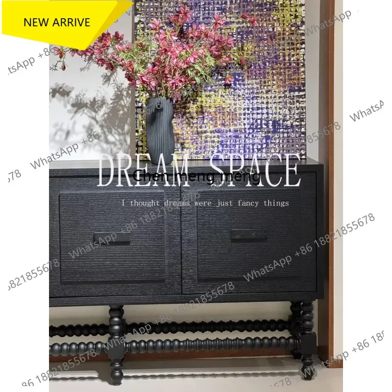 

cqy French medieval solid wood black dining side cabinet, porch cabinet carved 3 doors, locker household