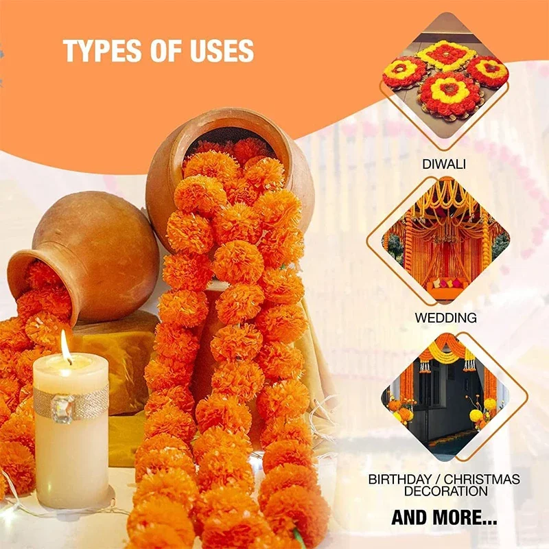 Marigold Garland Long Strands Day of Dead Faux Marigold Flowers Diwali Decor Artificial Marigold Flower Indian Decor for Wedding