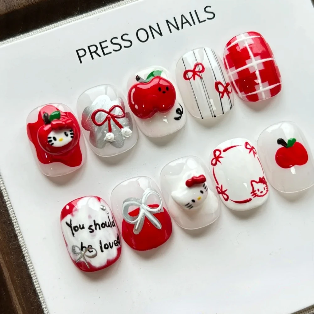 10 Pcs Handmade Press On Nails 2024 Christmas New Luxury Cute 3D Limited Short False Nails Design Art DIY Nails with Set