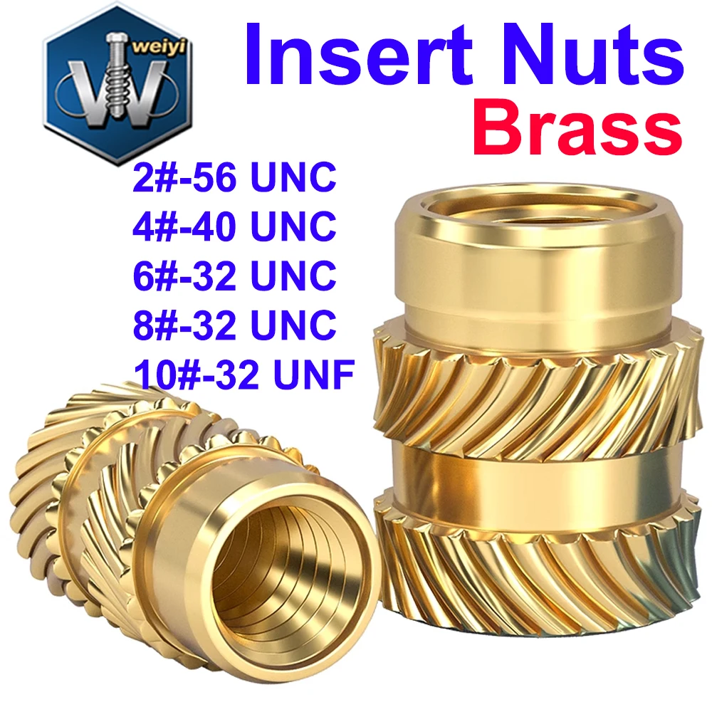 

Weiyi Brass Insert Nuts 2#-56 4#-40 6#-32 8#-32 UNC 10#-32 UNF Hot Melt Knurled Heat Injection Molding Embedment Copper Nut