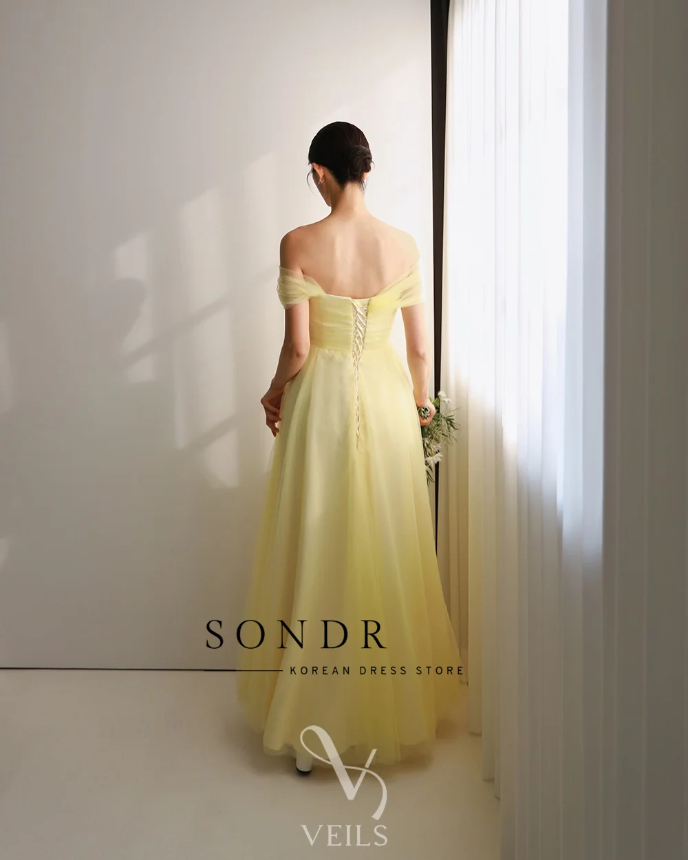 Sondr Customized Yellow Tulle Off the Shoulder Korean Evening Gown A Line Floor-Length Elegant Bridal Wedding Photo Shoot Dress