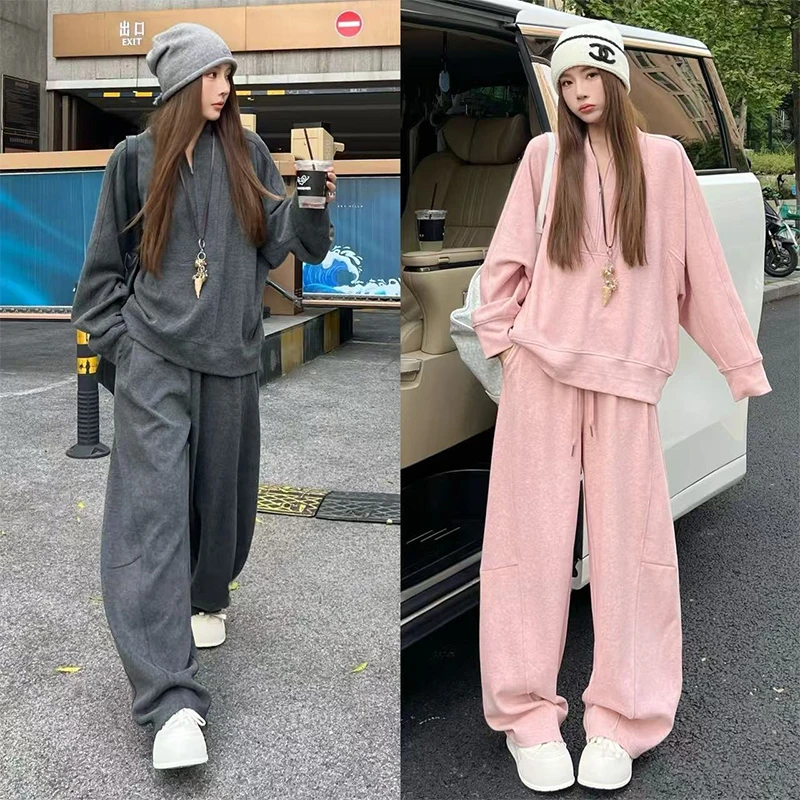 

SuperAen, корейский стиль, весна-осень 202, новый повседневный свитшот с полумолнией, однотонные длинные широкие брюки, комплекты из двух предметов