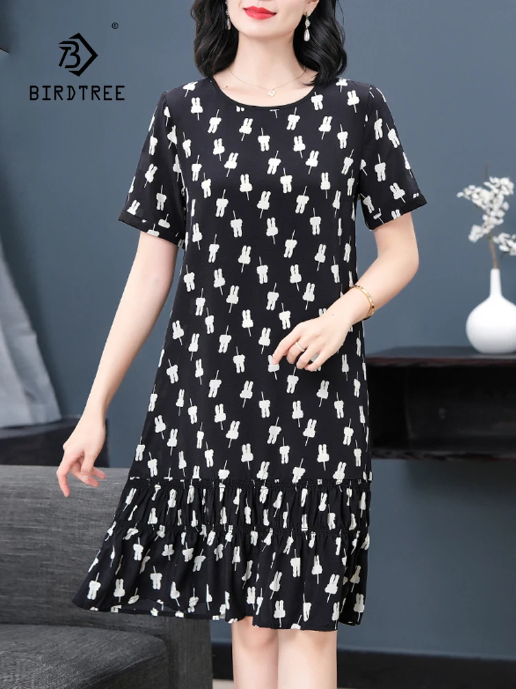 

BirdTree, 100%Real Silk Eleagnt Dresses, Women Short Sleeve Printed, OL Commute Oversize Mom Dress, 2024 Summer New D44819QC