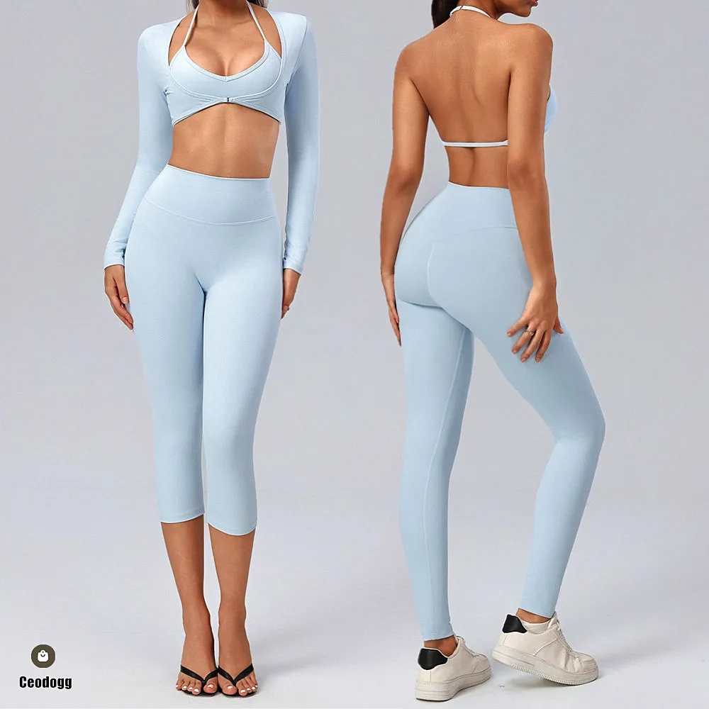 2/3Pcs Women Front Buckle Sports Crop Tops Yoga Set Female Outfit Bra Gym Legging Female Workout Capris Active Wear Clothes XP79