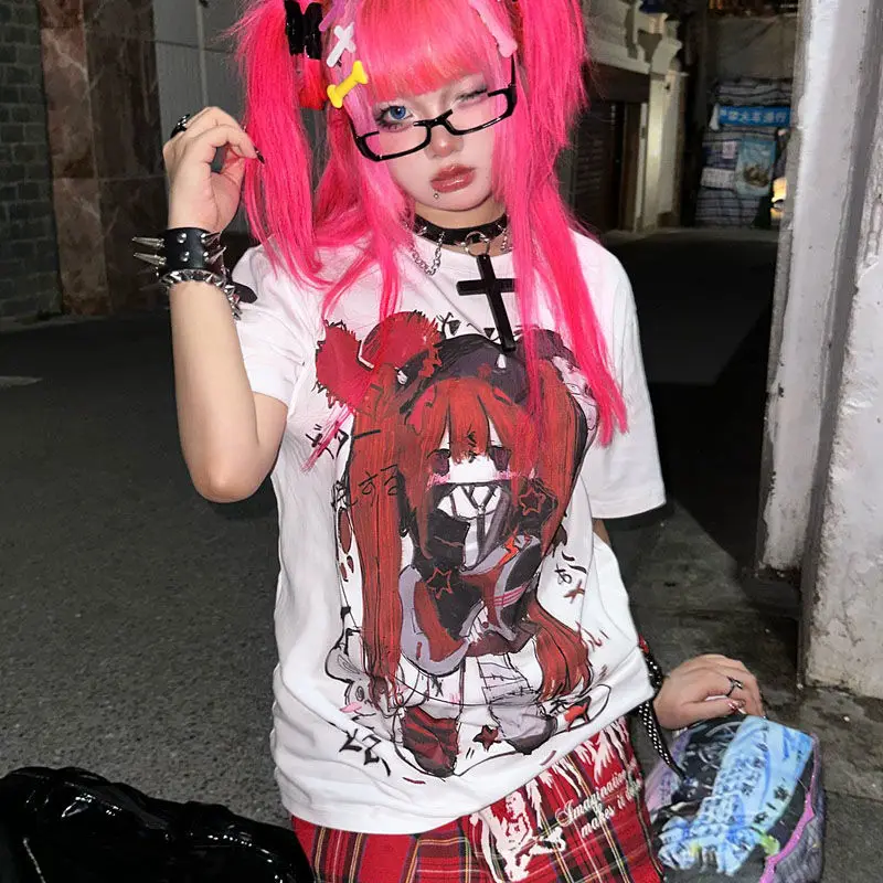 

Japanese Kawaii Y2k Clothes Streetwear White T-shirt Two-way Rock Demon Punk Girls Anime Print O-neck Harajuku Gothic Women Tops