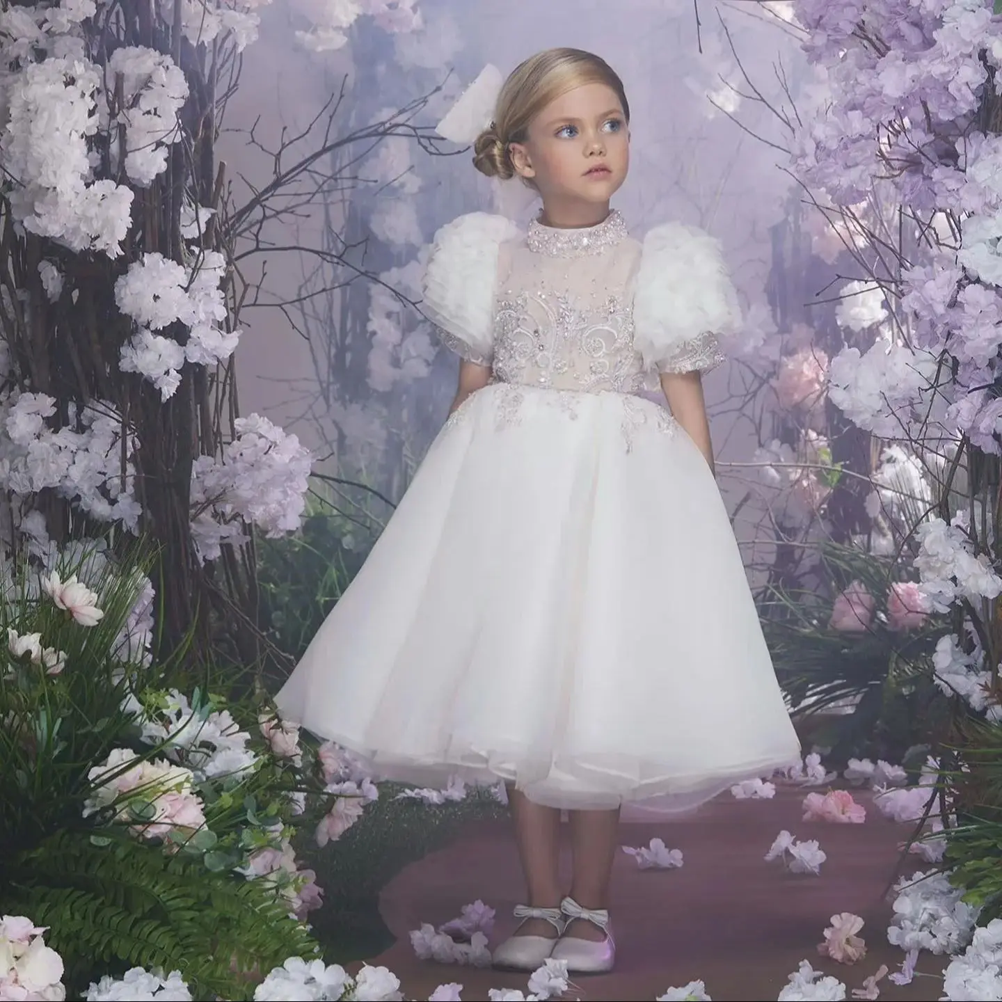 White Flower Girl Dresses For Wedding Customized High Neck Baby Girl's Birthday Gowns First Communion Dress