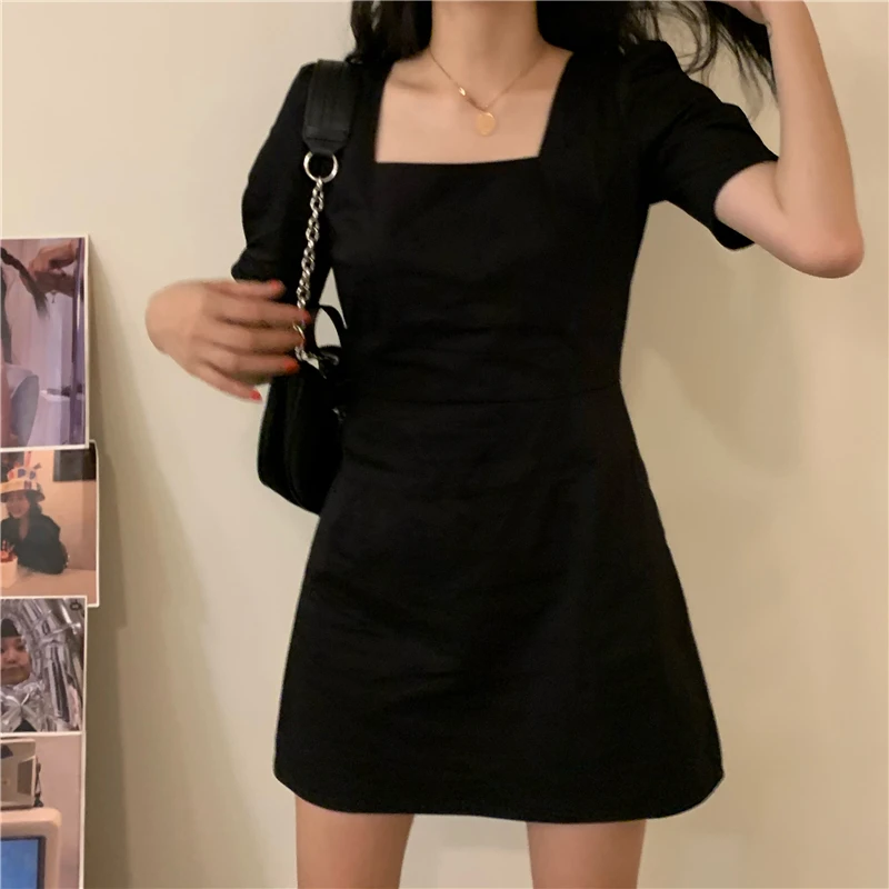 Retro Square Collar Bubble Sleeve Little Black Dress Summer plus Size Hepburn Style Waist Cinching Slimming Gown Elegant Dress