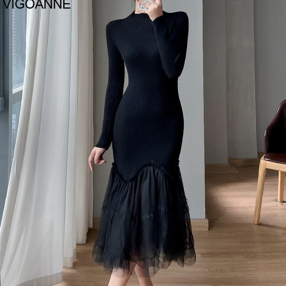 VigoAnne 2025 Woman Solid Long Sleeve Knit Dress Spring Autumn Mesh Mermaid Korean Dresses Lady Evening Party Tight Long Dress