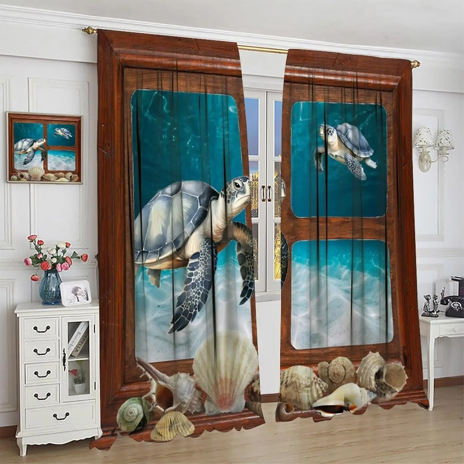 Sea Turtle Shell Wooden Curtains, 3D Underwater Coral Fishes Printed Rod Pocket Window Drapes for Bedroom Living Room Kitchen