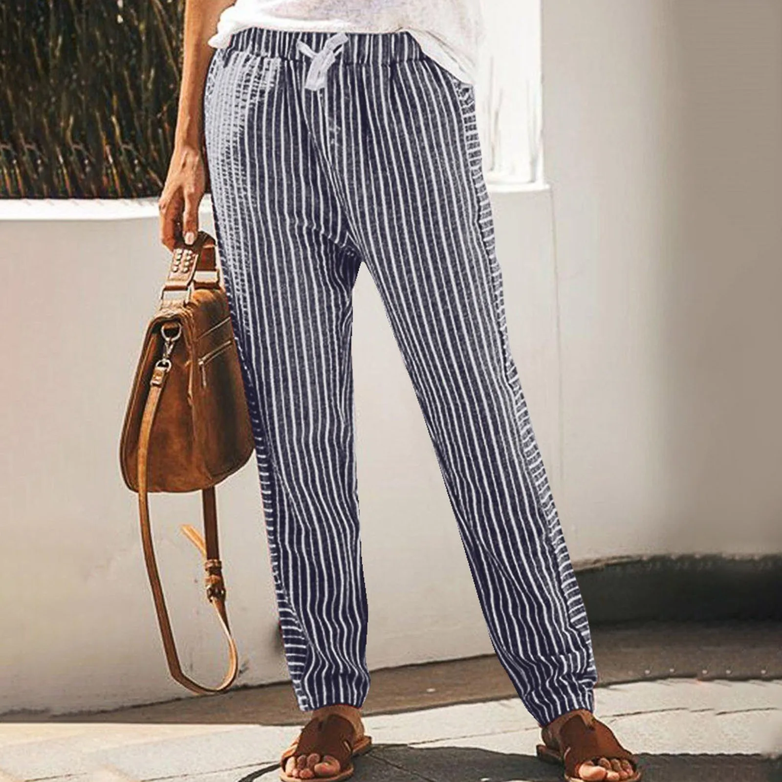 

Women Long Pant 2024 Autumn Casual High Waist Trousers Stripe Pocket Loose Fashion Oversize Vintage Design Trousers For Women